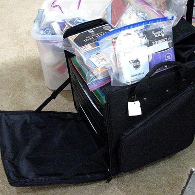 Scrapbooking Rolling Shelf Tote Filled with Paper and Crafting Supplies