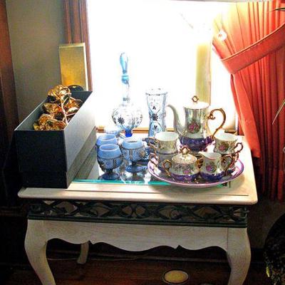 White Washed Side Tables with aged style Metal Inserts