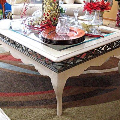 White Washed Rectangle Coffee Table with aged style Metal Inserts