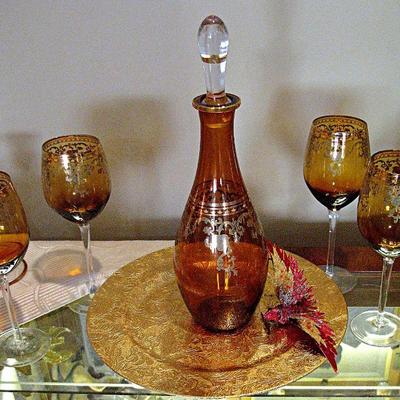 Amber Decanter Glasses Set