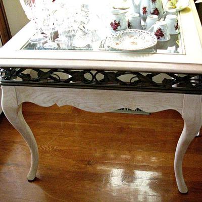 White Washed Side Tables with aged style Metal Inserts