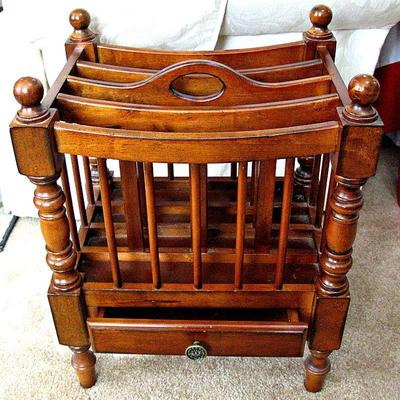 Vintage Wood Magazine Rack with Bottom Storage Drawer Ornate Spindle Legs