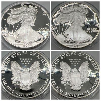 (2) Proof Silver Eagle Coins 2000P & 1986S - 1oz Fine Silver
