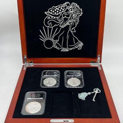 (3) One Ounce Pure Silver Dollars in Display Case with Key
