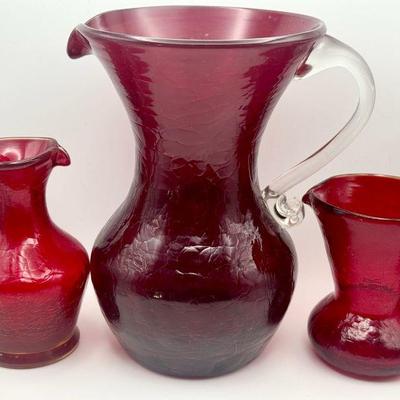7” Red Crackle Glass Pitcher & (2) Small Crackle Glass Pitchers
