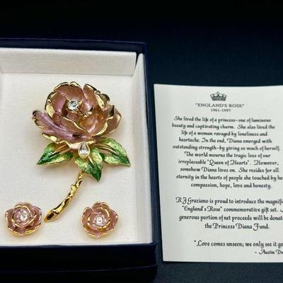 Signed “English Rose” Brooch & Earring Set With Box
