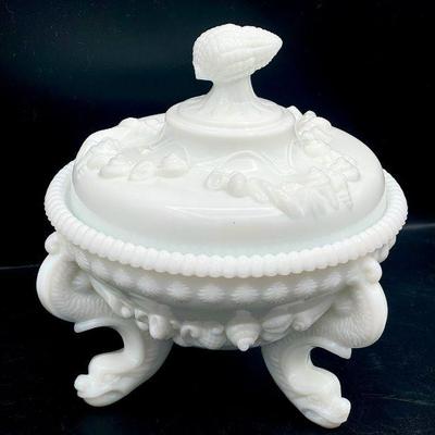 Westmoreland Glass Argonaut Shell Footed Candy Dish RARE Cream Color Milk Glass W Dolphin Feet
