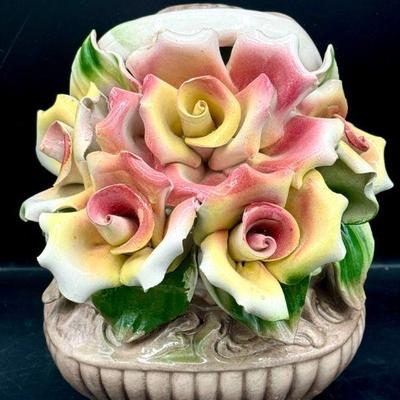 Vintage Capodimonte Yellow And Pink Rose Figurine Made In Italy
