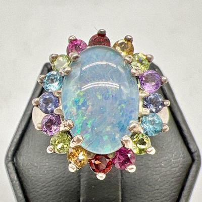 Size 10 Sterling Silver Opal & Semi Precious Rainbow Ring
