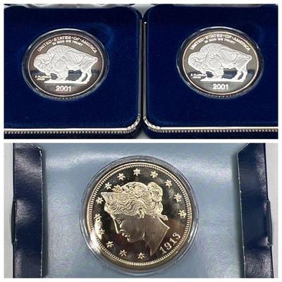(2) Silver Clad Buffalo Tributes & (1) 1913 Liberty V Nickel Replica

