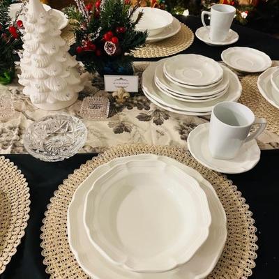 Mikasa French Courtside Diningware set, William & Sonoma dining linens, Pottery Barn French mugs 