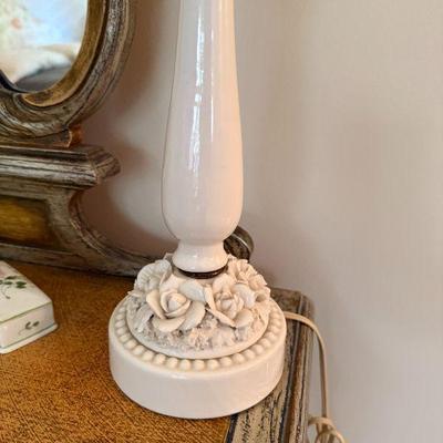 Vintage white Capodimonte porcelain table lamps, a pair