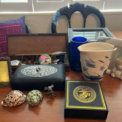 BEE166- Assorted Jewelry Boxes, Marine Corp Memorabilia, Ceramic Decor & More