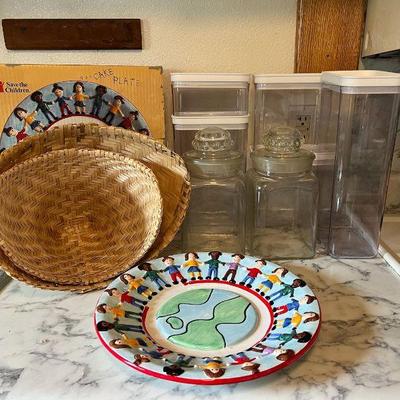 BEE098- Assorted Kitchen Storage Containers, Platter & Woven Baskets