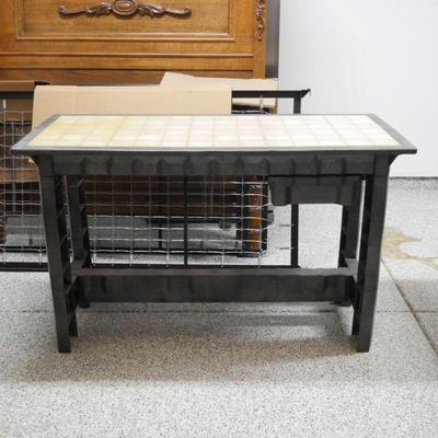 Dark Plastic and Faux Tile Veneer Outdoor Table with Single Drawer