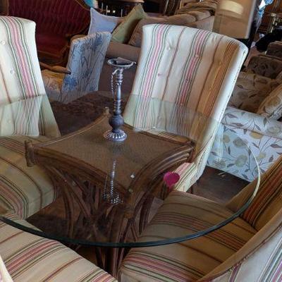 Glass top table and upholstered chairs