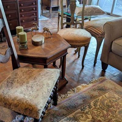 Assorted antique chairs and vintage decor