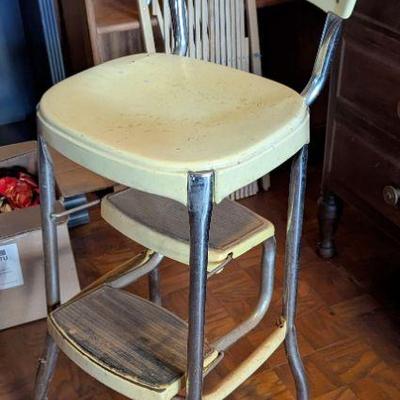 Vintage yellow kitchen stool and step stool combo