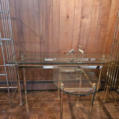 Brass-colored and glass shelves, sofa table and side table