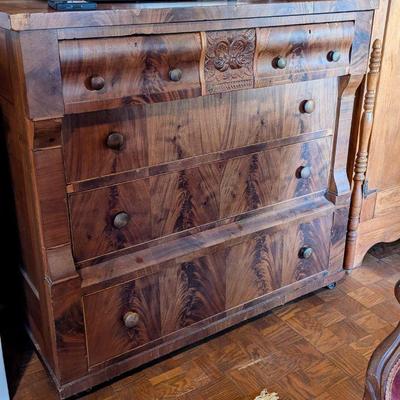 Sale Photo Thumbnail #94: Empire crotch mahogany chest of drawers with secret drawer