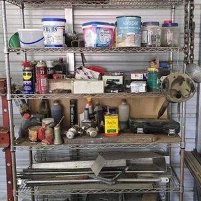 #1034 • Metal Storage Rack, Tow Straps, Funnels, Tow Hitch, Gas Can
