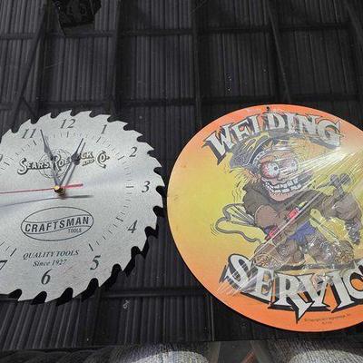 #1005 • Craftsman Saw Blade Clock and Welding Service Sign
