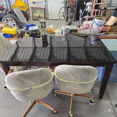 #1502 • Dinning Room Table with Glass Top 3 Rolling Chairs and Metal Filing Cabinet
