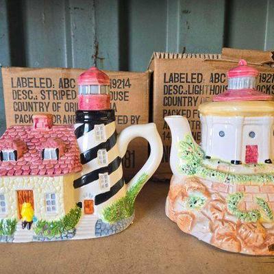 #3012 • (2) Porcelain Lighthouse Tea Kettles
