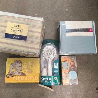 #2524 • (2) Bed Sheet Sets, Power Massage Hand Shower, Andis Vibrator, Braveheart VHS, Necklace
