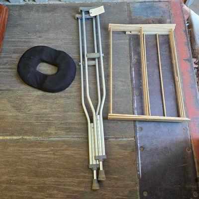 #8002 • Seat Cushion, Crutches and Wooden Foldable Rack
