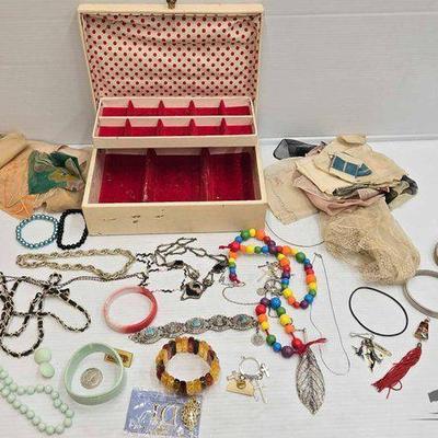 #1014 • Costume Jewelry, Hankerchiefs & Jewelry Box
