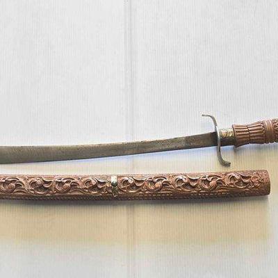 #8092 • Sword W/ Wooden Carved Handle & Sheath
