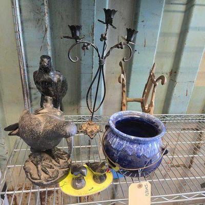#3522 • Candle Holder, Pot, Crow Statues & Book Rack

