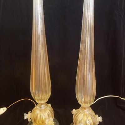 Fabulous Pair of Mid-Century Murano Glass Gold-Fleck Lamps