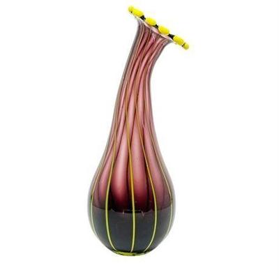 Art Glass Hand Blown Vase with Yellow Rim