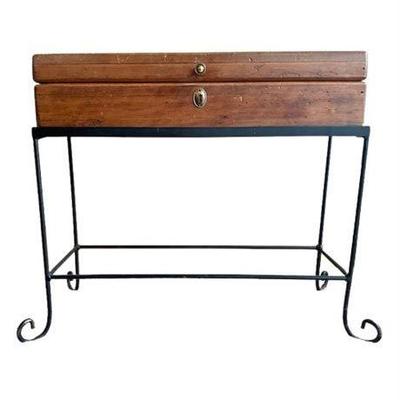 Campaign Style Wood Storage Box on Wrought Iron Stand