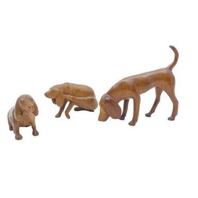 Vintage Hand-Carved Hound Dog Figurines, Three (3)