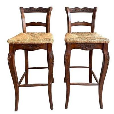 French Country Style Wooden Bar Stools with Rush Seating (2ct)