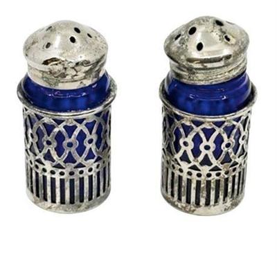 Sterling Silver and Cobalt Glass Salt and Pepper Shakers