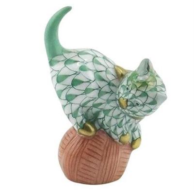 Herend Mischievous Cat Figurine, Green