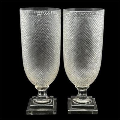 Georgian Style Antique Cut and Pressed Glass Hurricane Candle Lamps, Pair