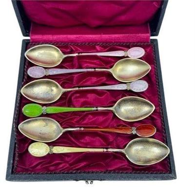 Antique Sterling Silver And Enamel Demitasse Spoon Set