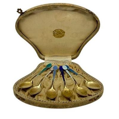 J Tostrup Kristiania Sterling Silver Enamel Demitasse Spoon Set