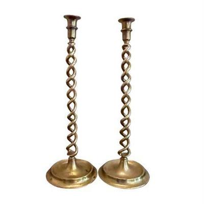 Antique English Open Barley Twist Brass Candlesticks