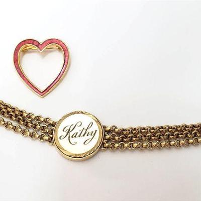 6 inch gold electroplated name bracelet kathy and heart pin