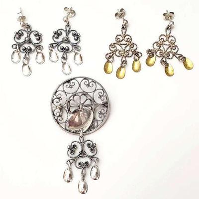 Marcasite chandelier pin and earrings 850s