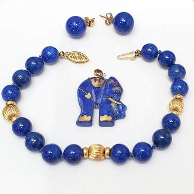 14k gold and lapis lazuli bracelet elephant charm, earrings