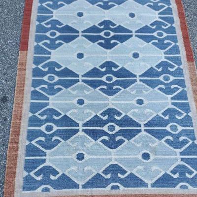 Southwestern hand knotted wool blue and white area rug