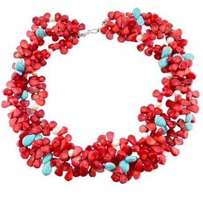 Turquoise, Red Coral, Fresh Pearl Triple Strand Necklace