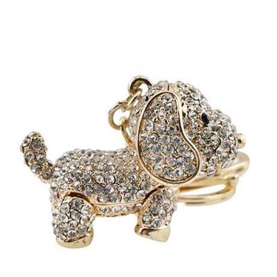Gold Tone White Crystal Puppy Key Chain